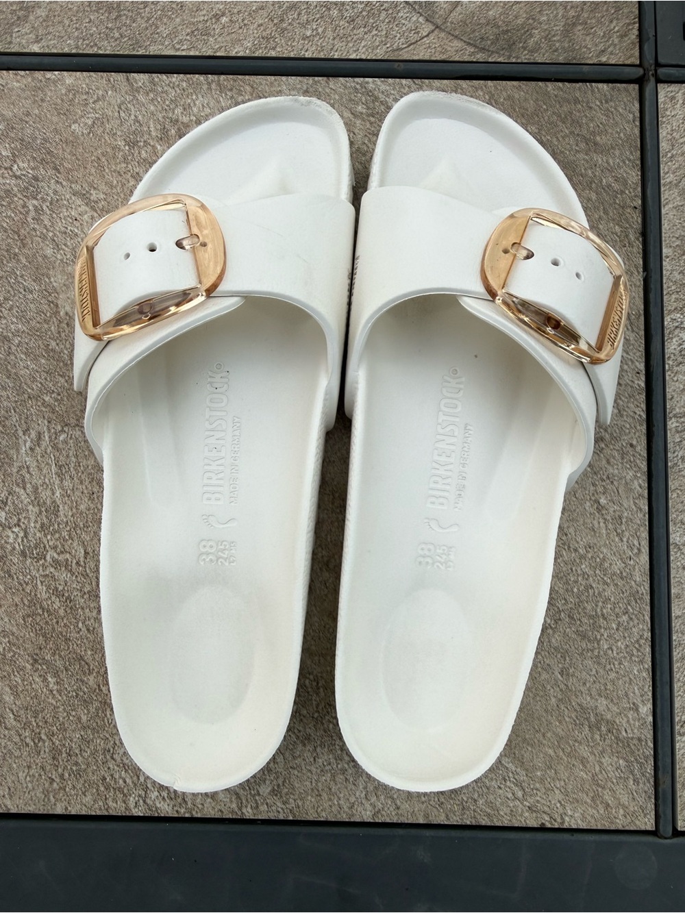 Birkenstock White Madrid EVA Slide Sandals with Tan-Gold Big Buckles - Picture 4 of 10